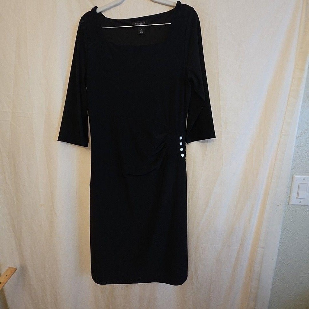 White House Black Market Dress Womens L Black Boat Neck Ruched 3/4 Sleeve